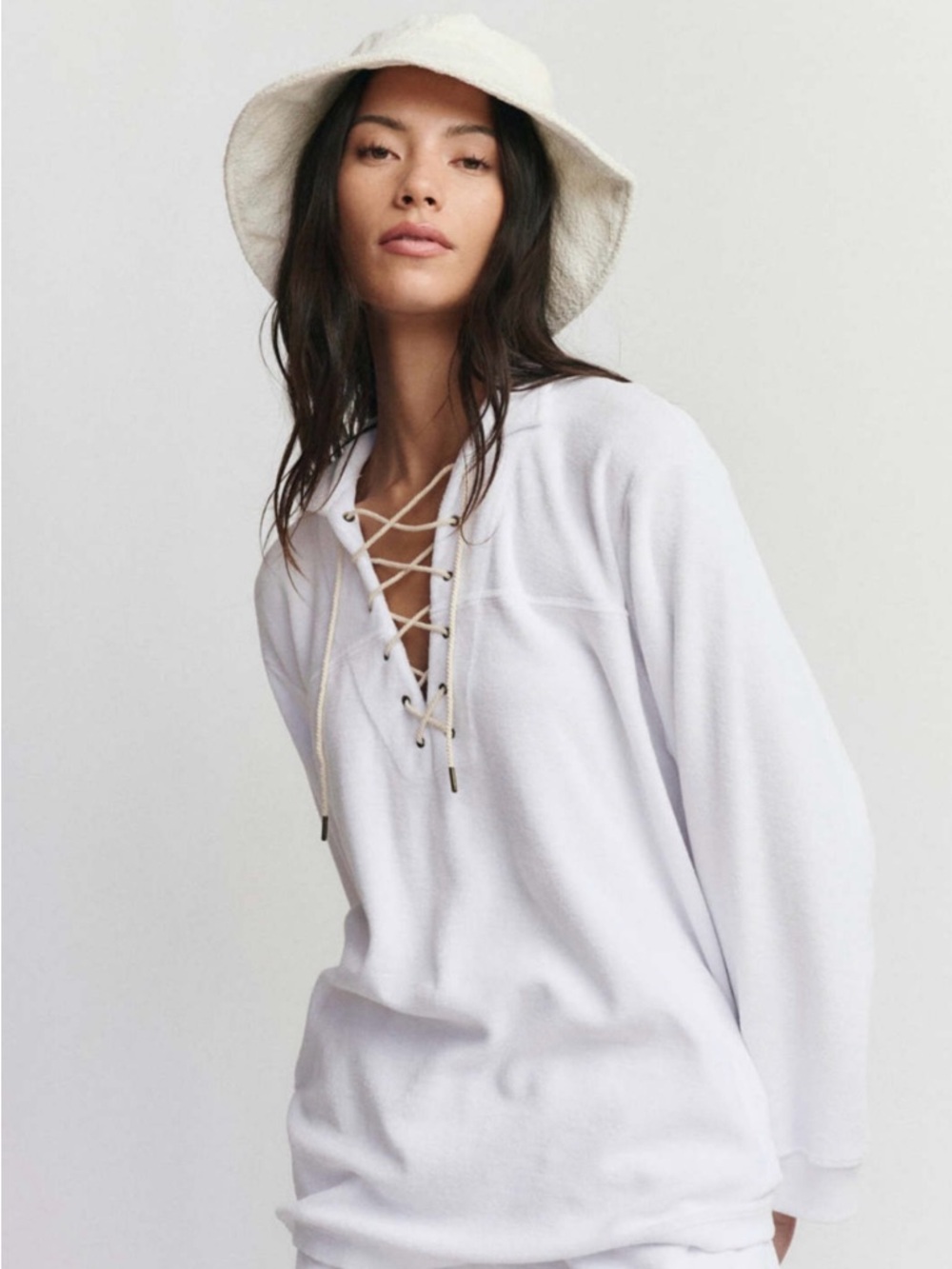 THE GREAT MICRO Terry Lace up tunic in white size small oversized Relaxed.